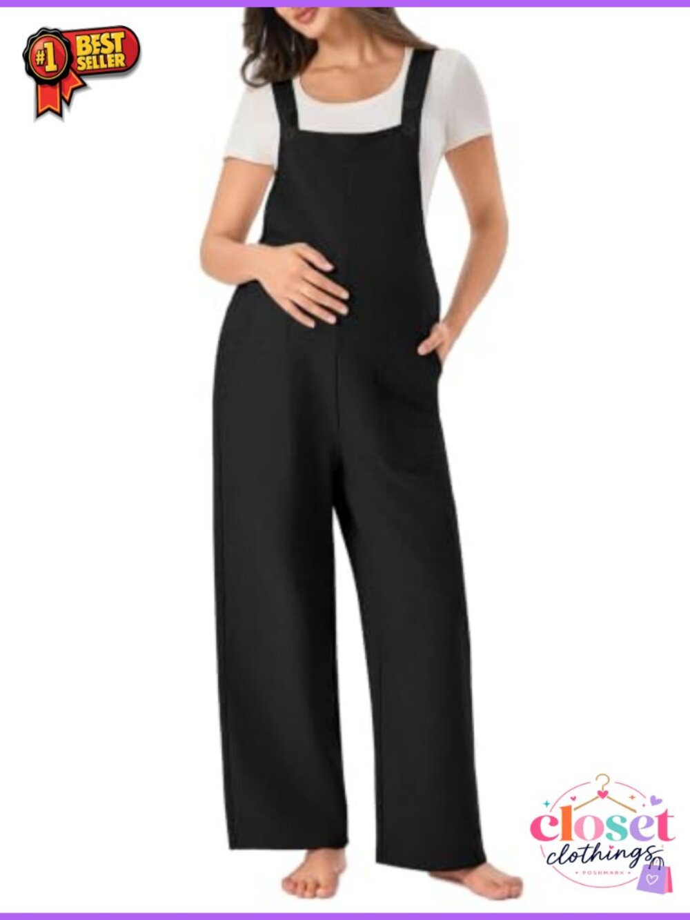 Cotton Blend Maternity Overalls Adjustable Button Strap Wide Leg Jumpsuit